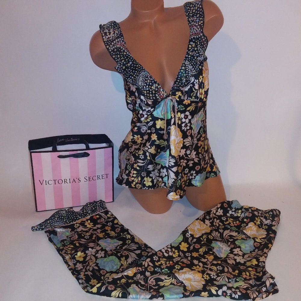 Victoria's Secret Black Floral Pajama Set with Yellow & Mint Accents